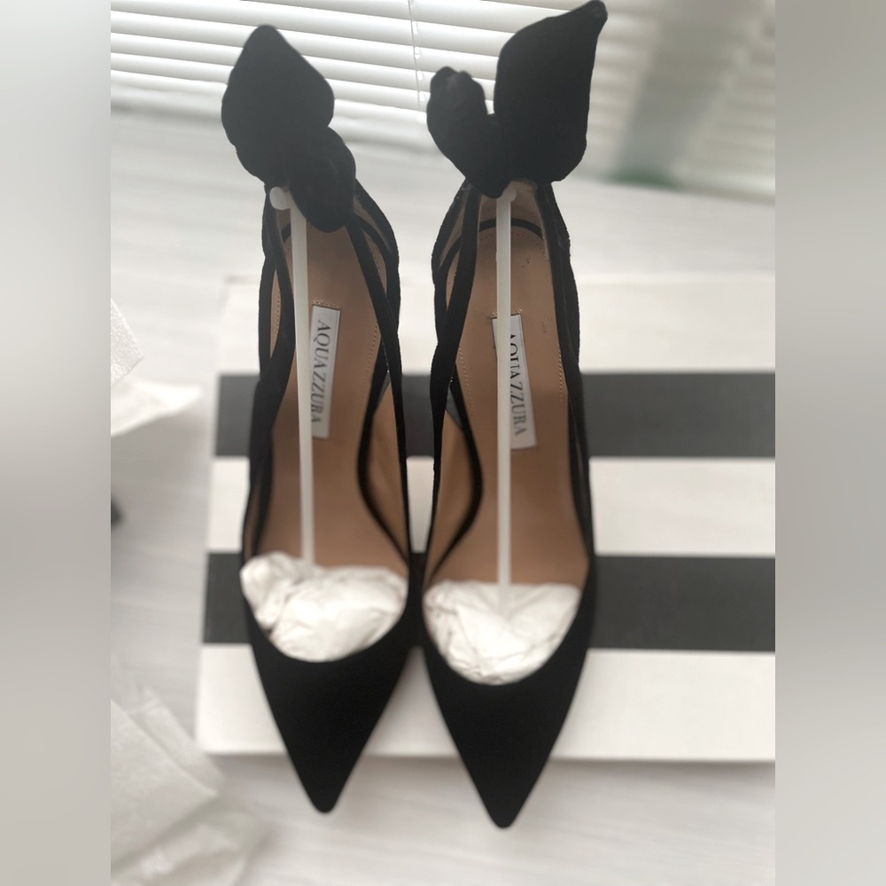 New! Aquazurra Black Suede Bow Tie Pump 85 Heel Shoes Size 10/40 - Picture 7 of 14